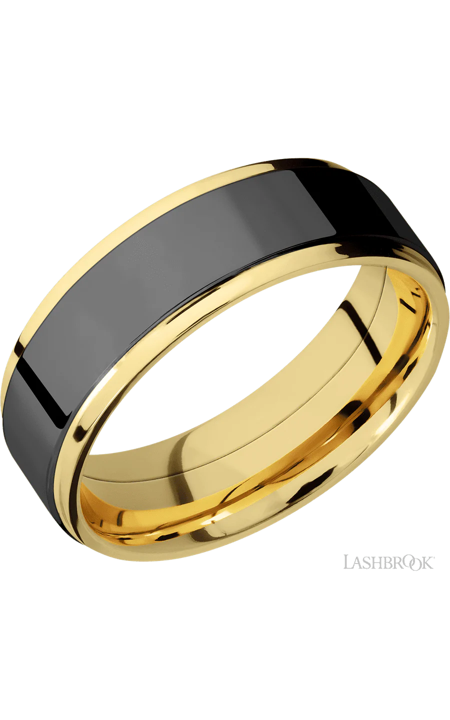 7 mm wide/Flat Grooved Edges/14K Yellow Gold band with one 5 mm Raised Centered inlay of Zirconium.