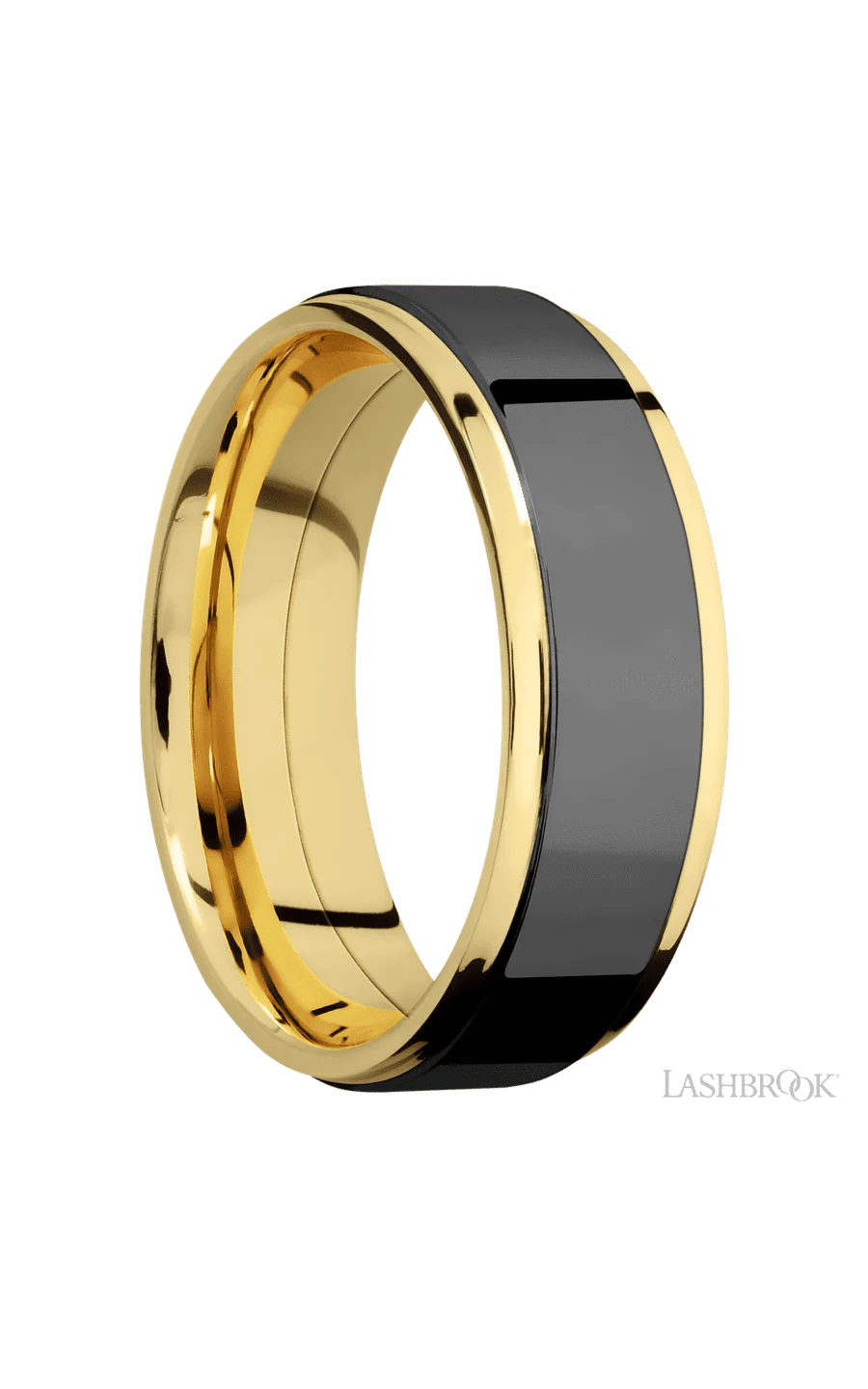 7 mm wide/Flat Grooved Edges/14K Yellow Gold band with one 5 mm Raised Centered inlay of Zirconium. - Image 2