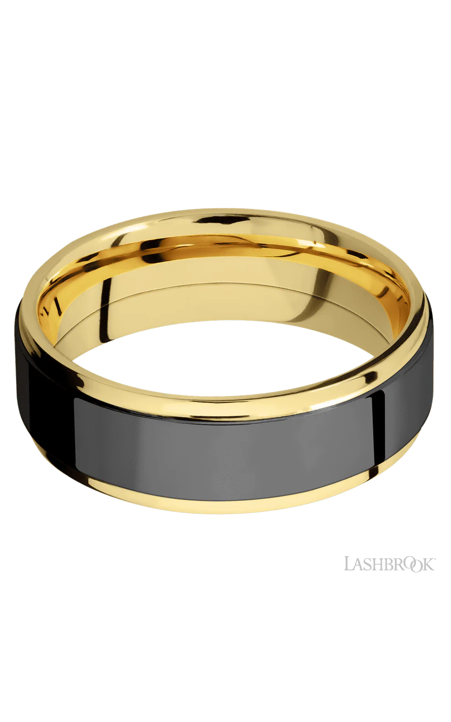 7 mm wide/Flat Grooved Edges/14K Yellow Gold band with one 5 mm Raised Centered inlay of Zirconium. - Image 3