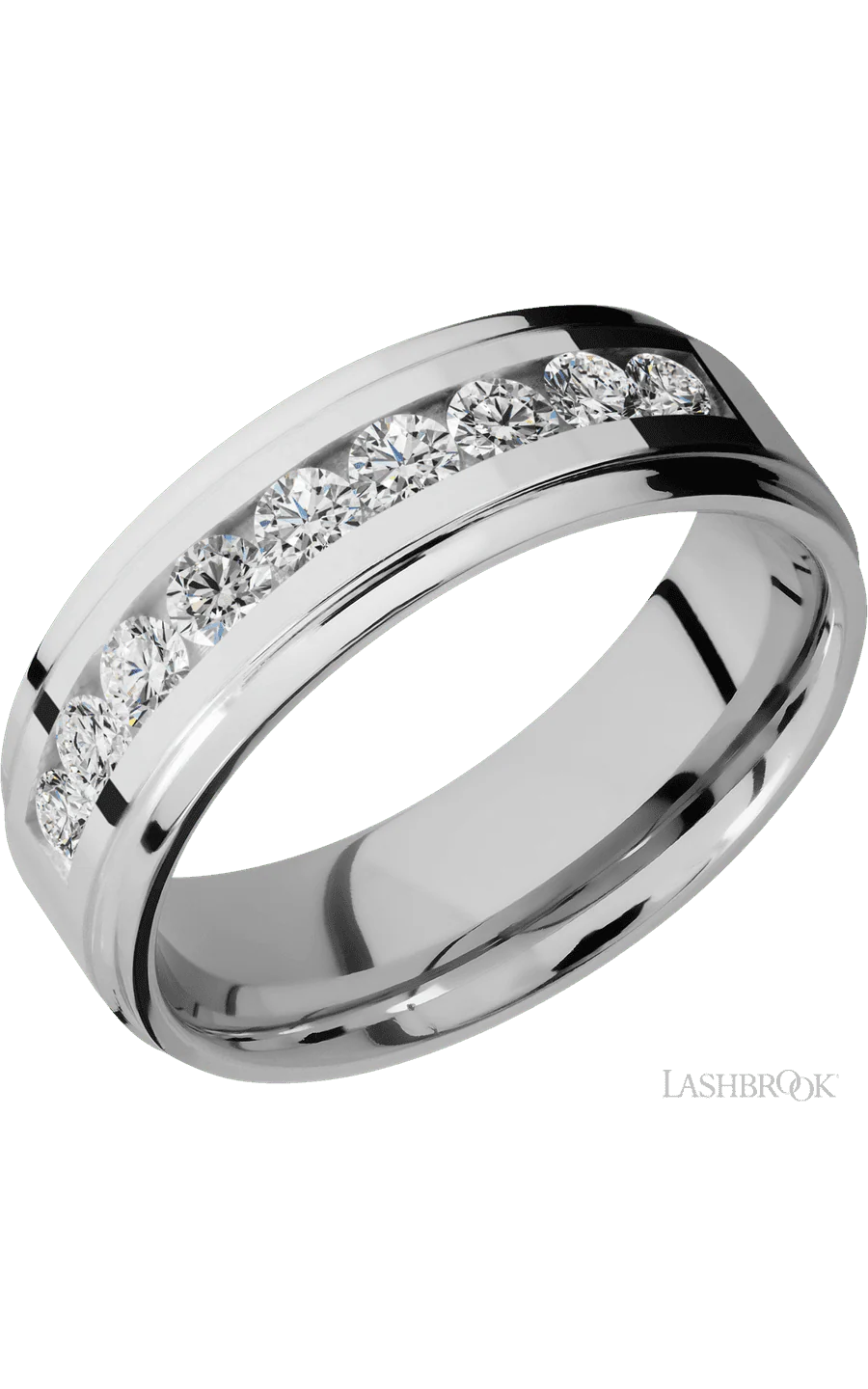 7 mm wide/Flat Grooved Edges/Cobalt Chrome band with an arrangement of 9, .1 carat Round Diamond stones in a Channel setting.
