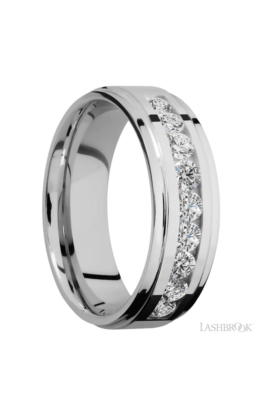7 mm wide/Flat Grooved Edges/Cobalt Chrome band with an arrangement of 9, .1 carat Round Diamond stones in a Channel setting. - Image 2