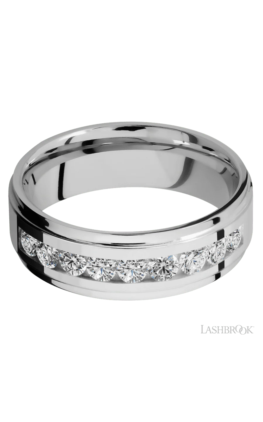 7 mm wide/Flat Grooved Edges/Cobalt Chrome band with an arrangement of 9, .1 carat Round Diamond stones in a Channel setting. - Image 3