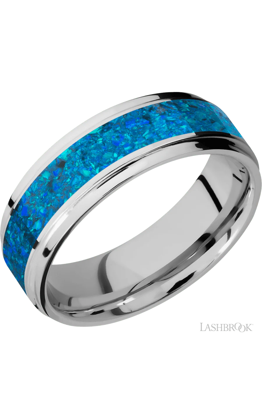 7 mm wide/Flat Grooved Edges/Cobalt Chrome band with one 4 mm Centered inlay of Blue Opal.
