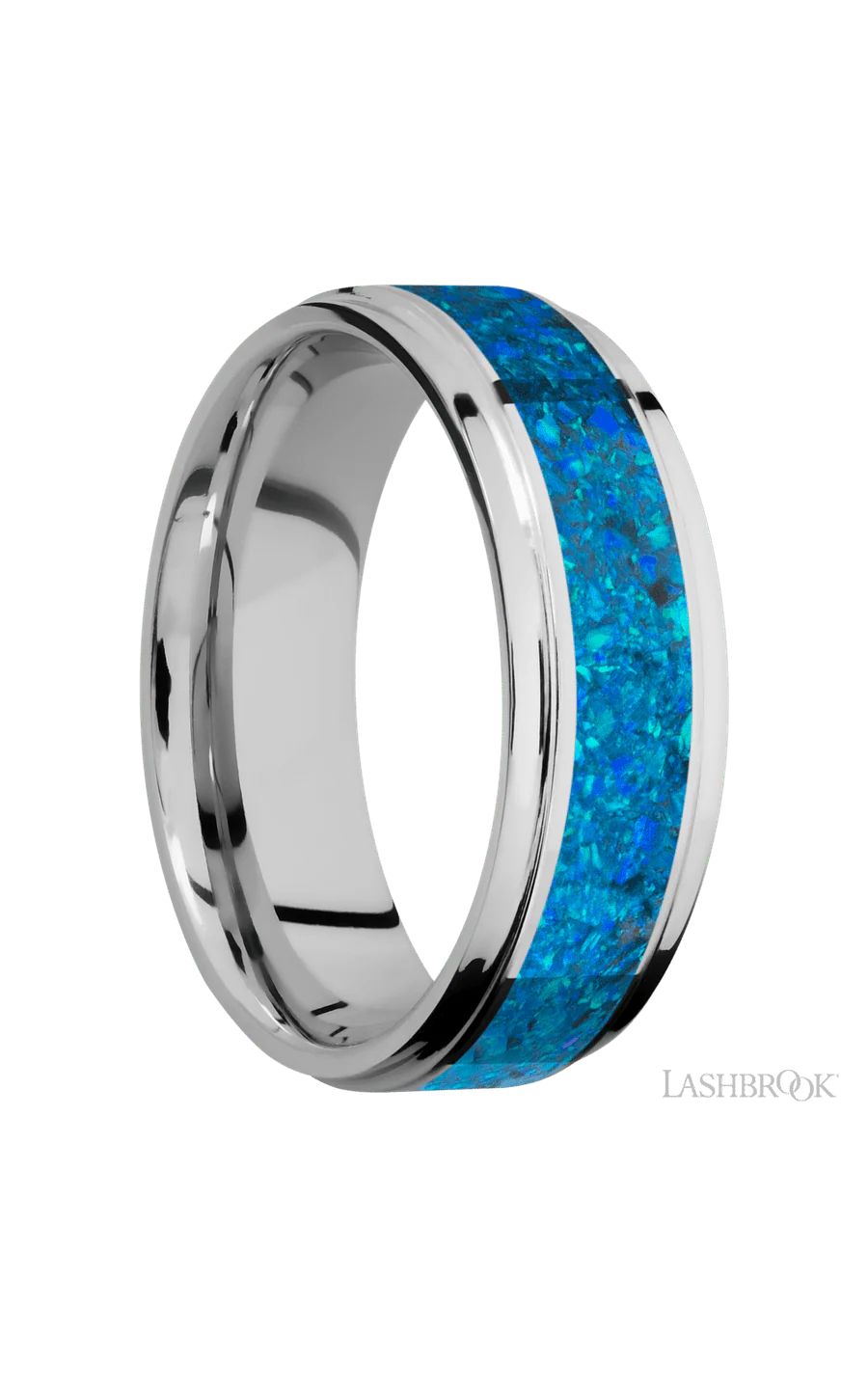 7 mm wide/Flat Grooved Edges/Cobalt Chrome band with one 4 mm Centered inlay of Blue Opal. - Image 2