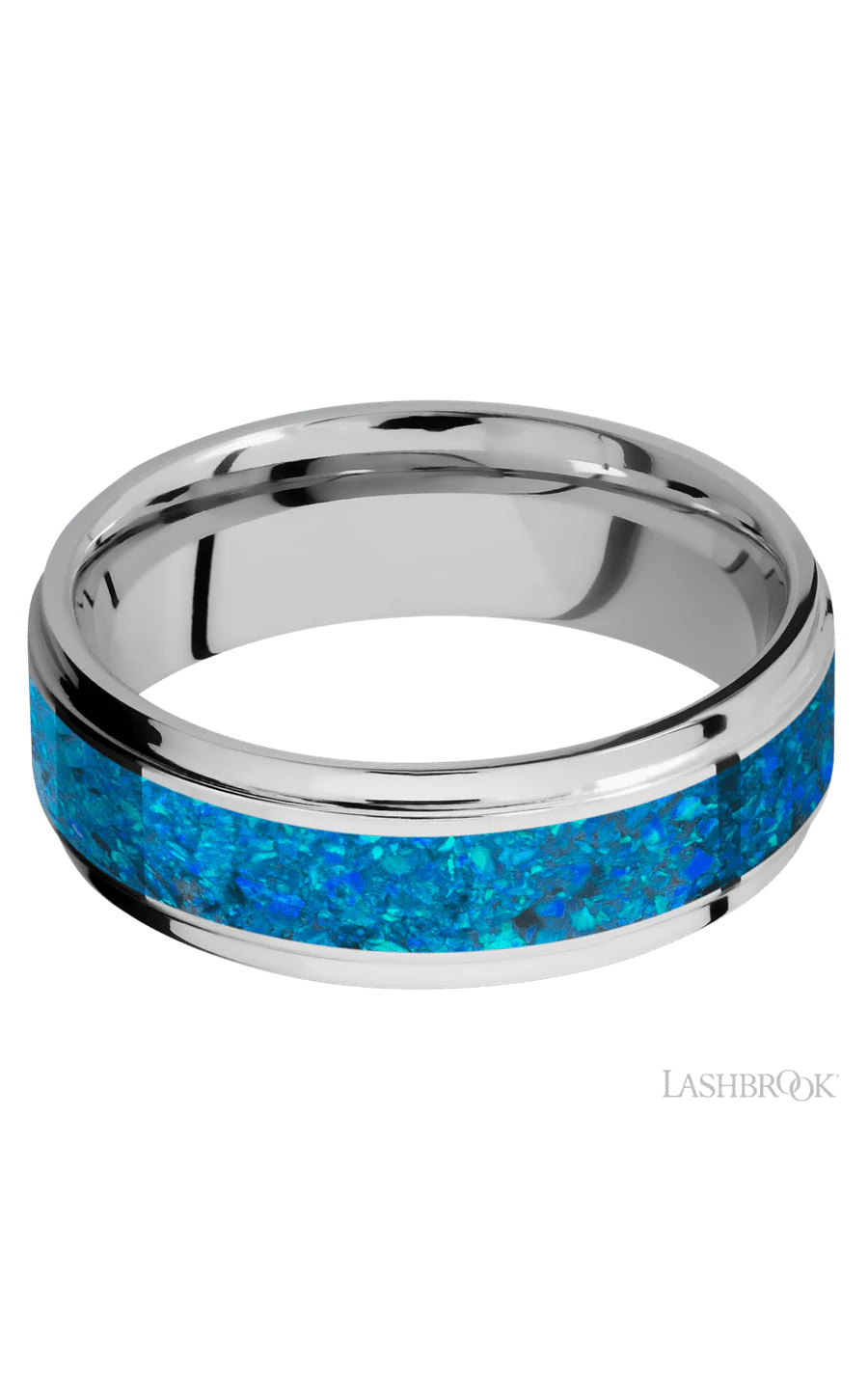 7 mm wide/Flat Grooved Edges/Cobalt Chrome band with one 4 mm Centered inlay of Blue Opal. - Image 3