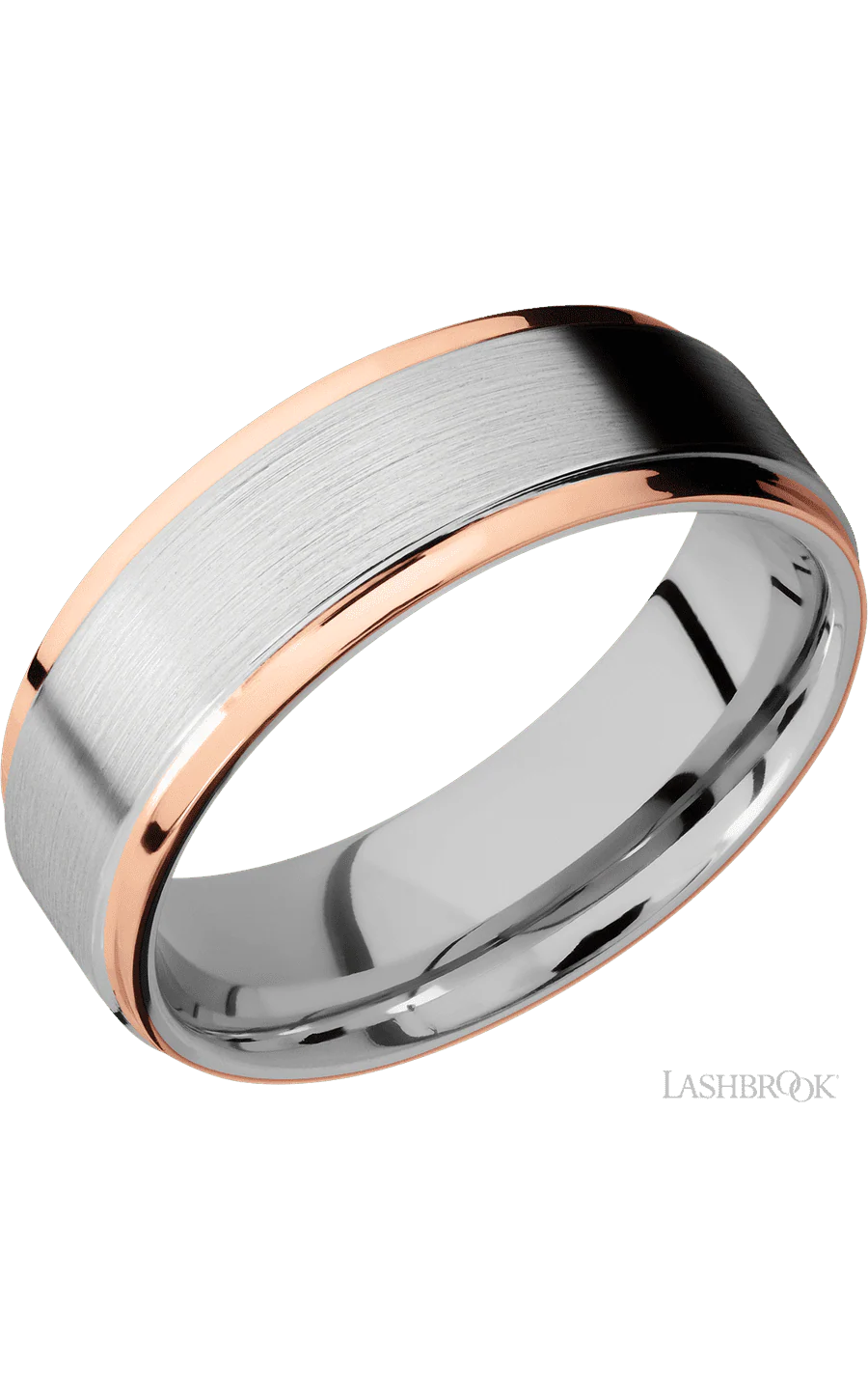 7 mm wide/Flat Grooved Edges/Cobalt Chrome band with two 1 mm Edge inlays of 14K Rose Gold.