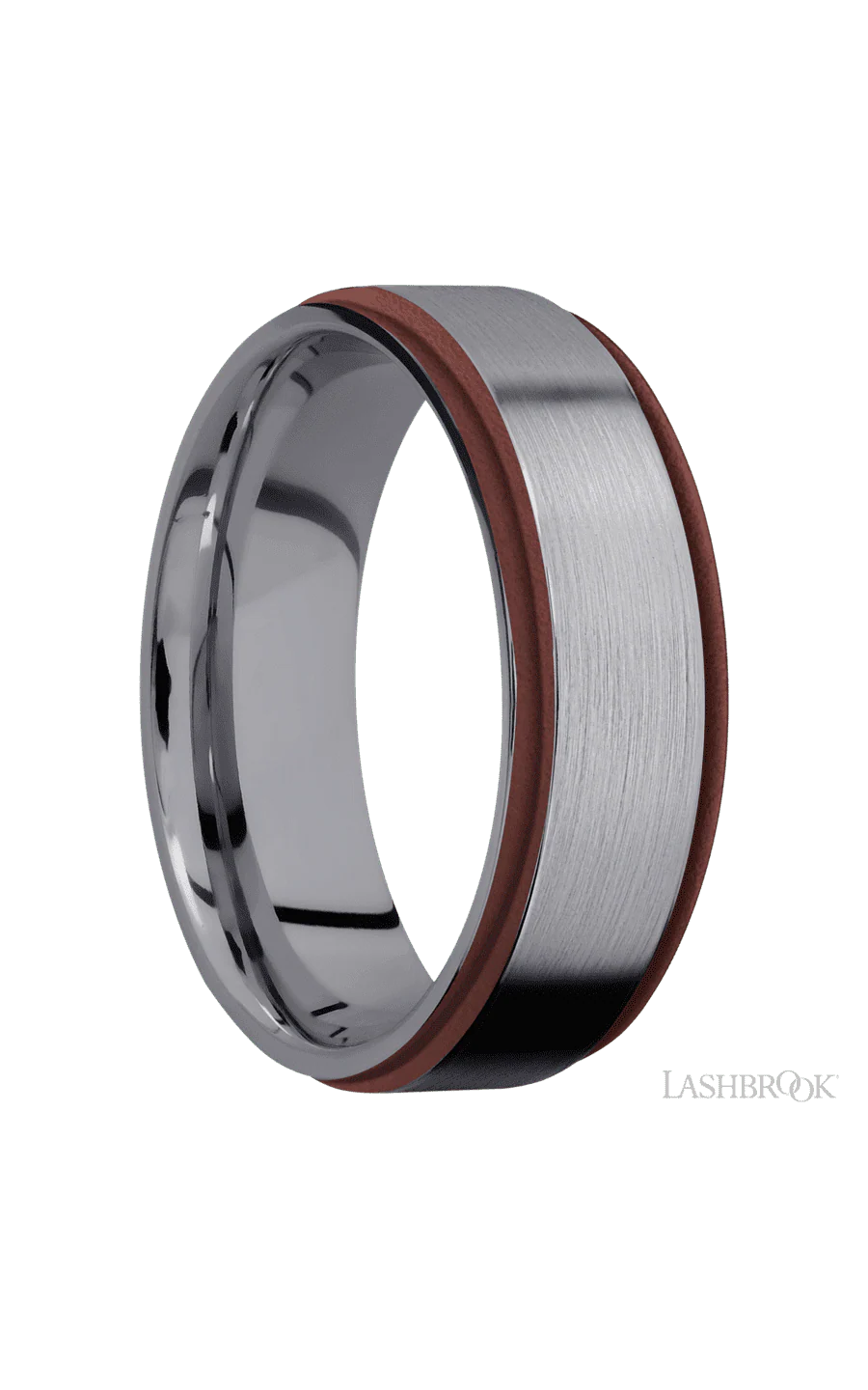 7 mm wide/Flat Grooved Edges/Tantalum band with two 1 mm Edge inlays of Crimson. - Image 2