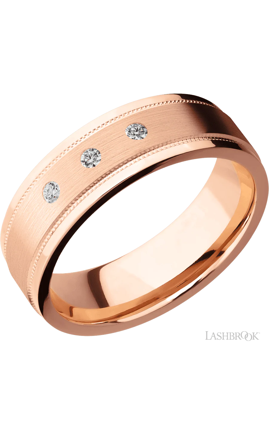 7 mm wide/Flat Stepped Edges Milgrain/14K Rose Gold band with an arrangement of 3, .03 carat Round Diamond stones in a Flush setting.