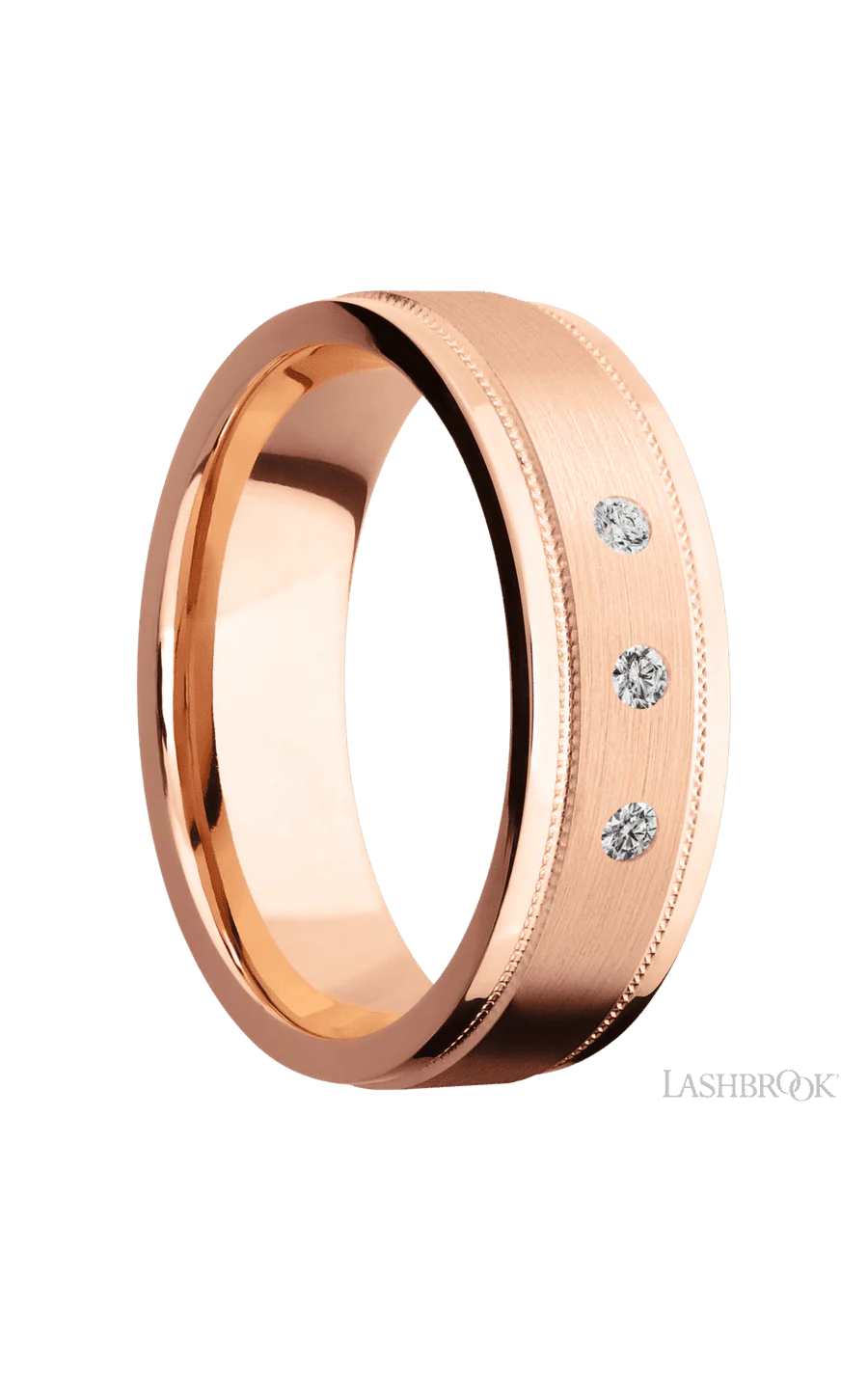 7 mm wide/Flat Stepped Edges Milgrain/14K Rose Gold band with an arrangement of 3, .03 carat Round Diamond stones in a Flush setting. - Image 2