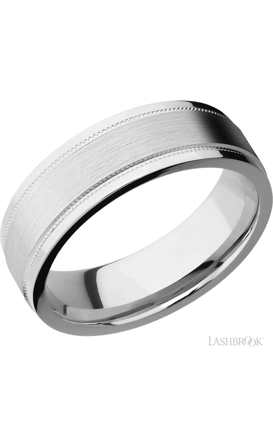 7 mm wide Flat Stepped Edges Milgrain 14K White Gold band.