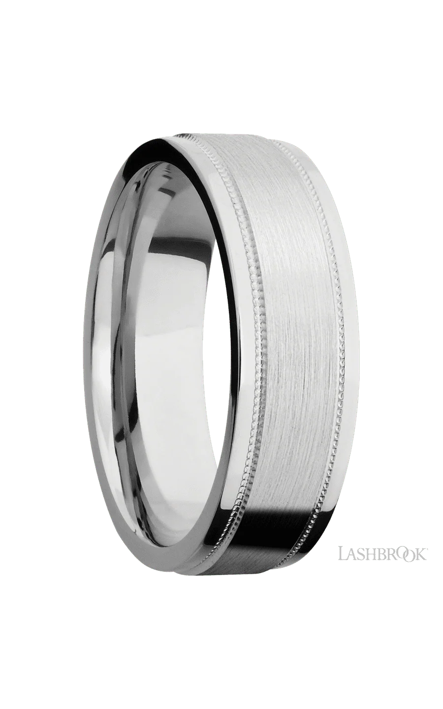 7 mm wide Flat Stepped Edges Milgrain 14K White Gold band. - Image 2