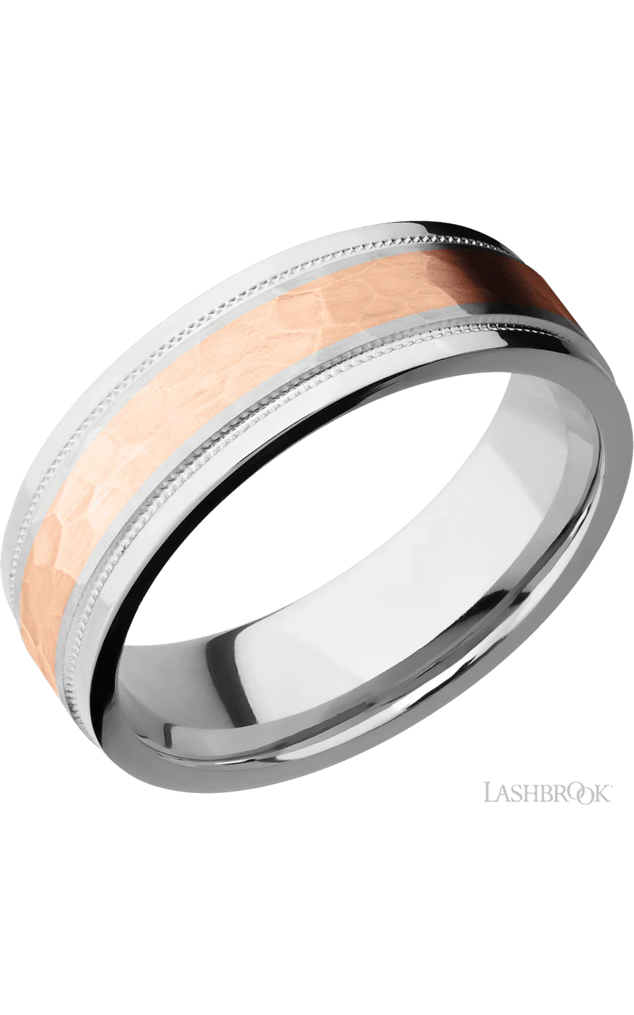 7 mm wide/Flat Stepped Edges Milgrain/Cobalt Chrome band with one 3 mm Centered inlay of 14K Rose Gold.