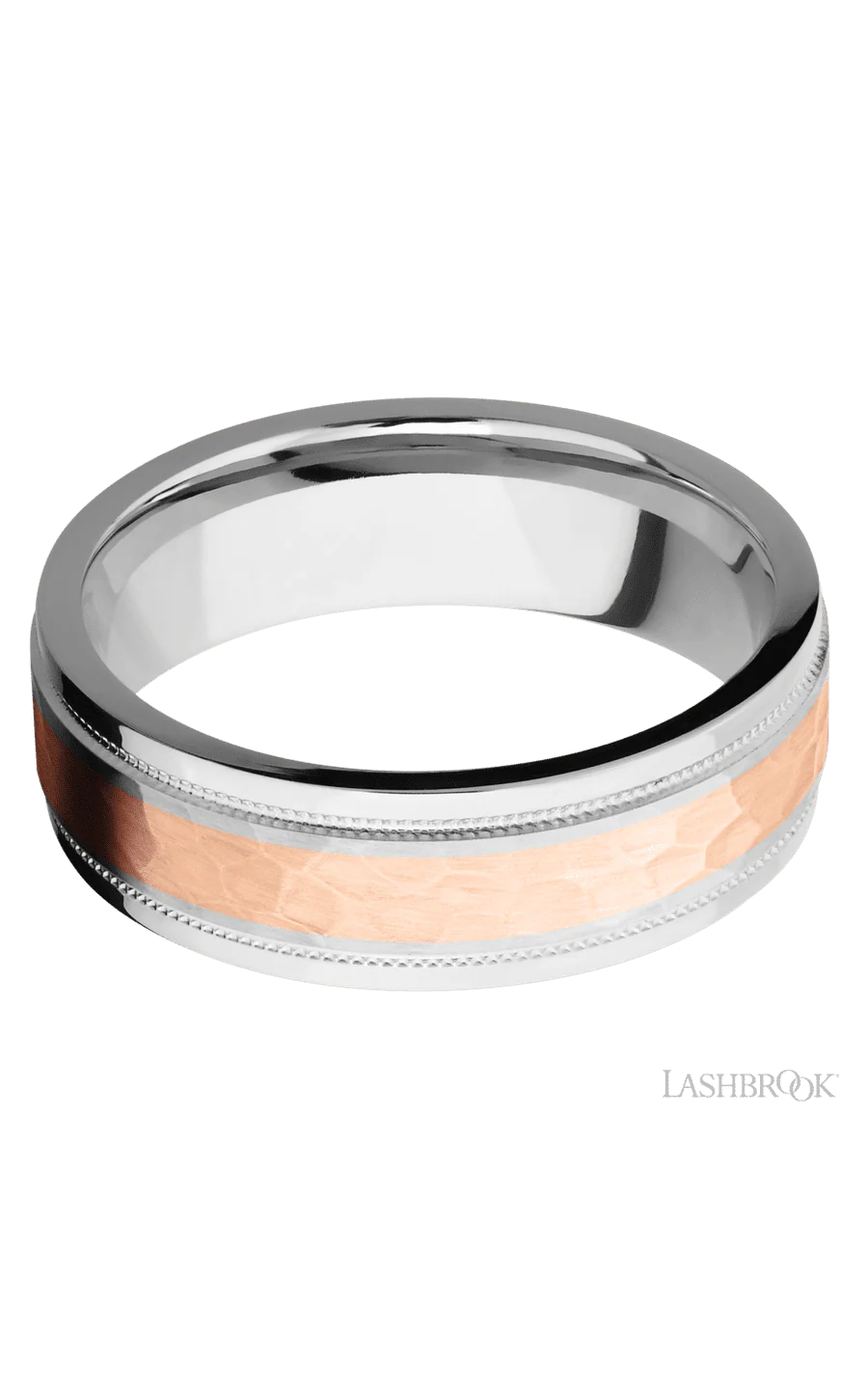 7 mm wide/Flat Stepped Edges Milgrain/Cobalt Chrome band with one 3 mm Centered inlay of 14K Rose Gold. - Image 3