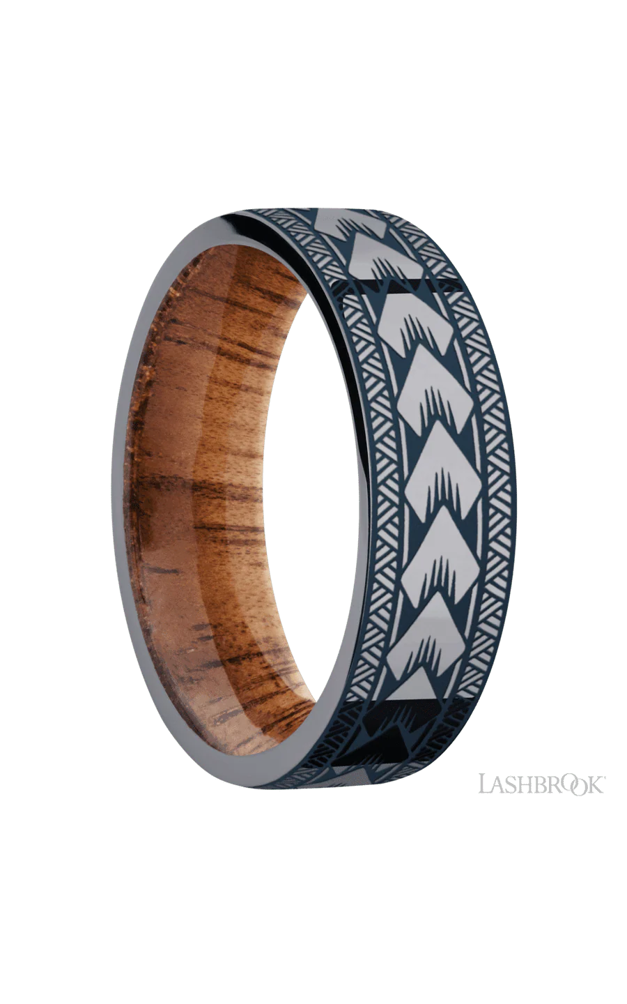 7 mm wide/Flat/Tantalum band with a laser carved Maori pattern also featuring a Koa sleeve. - Image 2