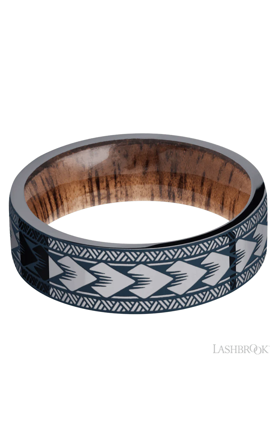 7 mm wide/Flat/Tantalum band with a laser carved Maori pattern also featuring a Koa sleeve. - Image 3