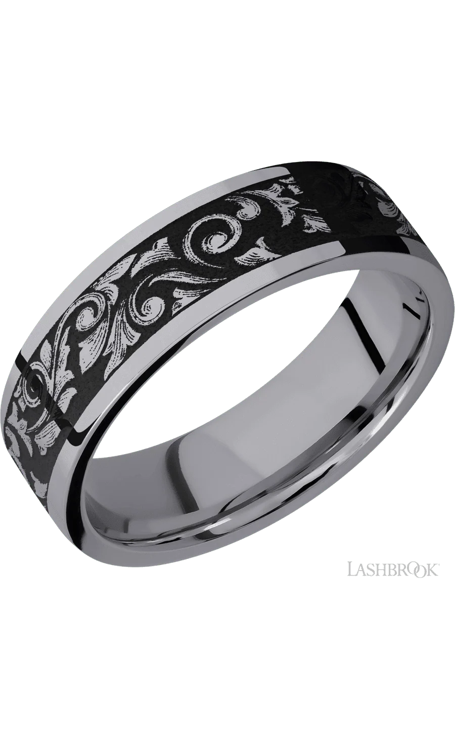 7 mm wide/Flat/Tantalum band with a laser carved Western Scroll pattern.