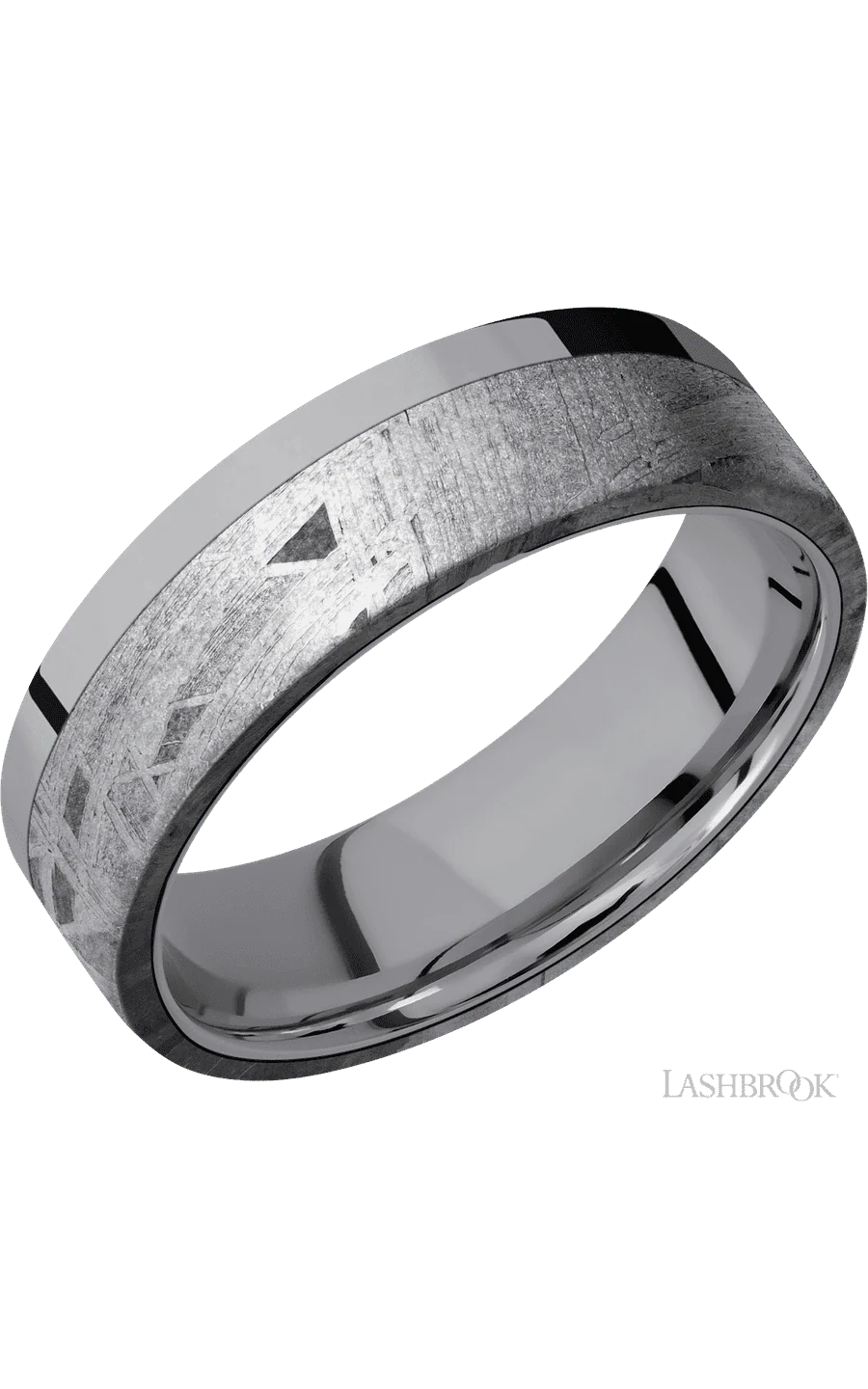 7 mm wide/Flat/Tantalum band with one 5 mm Off Center Edge inlay of Meteorite.