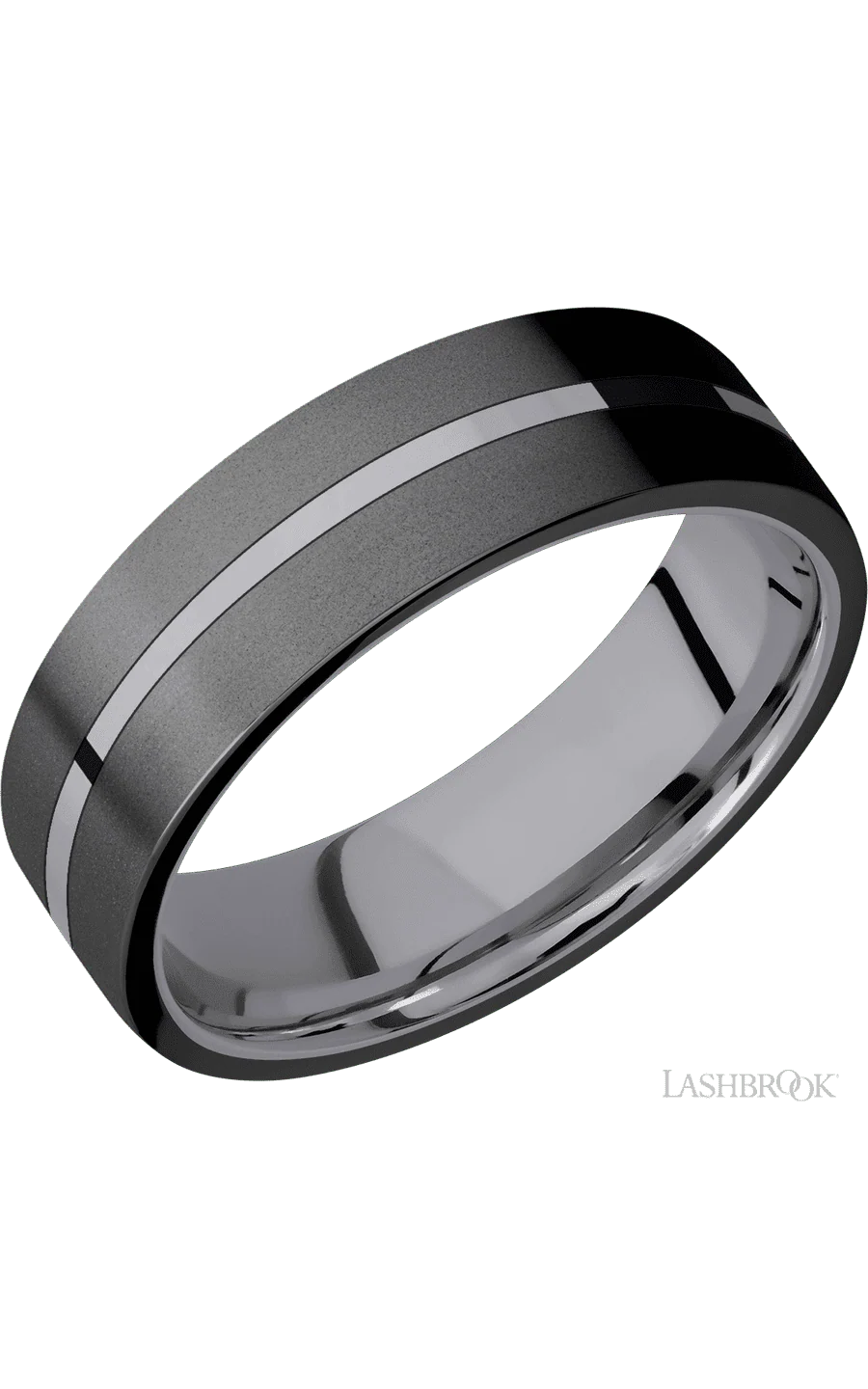 7 mm wide/Flat/Tantalum band with two 3 mm Double Off Center Edge inlays of Zirconium.