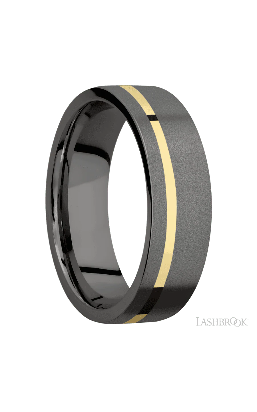 7 mm wide/Flat/Tantalum Noir band with one 1 mm Off Center inlay of 14K Yellow Gold. - Image 2