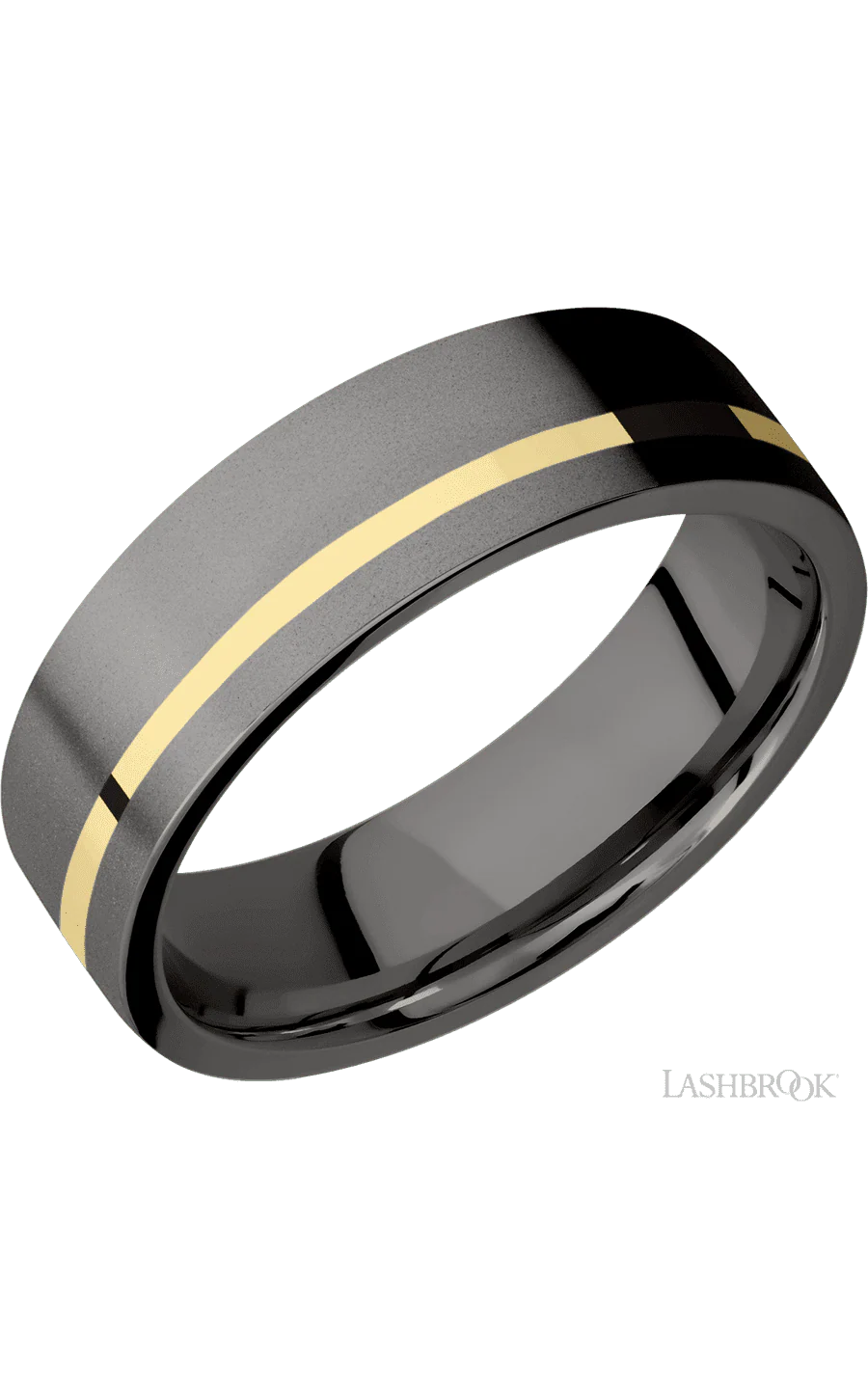 7 mm wide/Flat/Tantalum Noir band with one 1 mm Off Center inlay of 14K Yellow Gold.