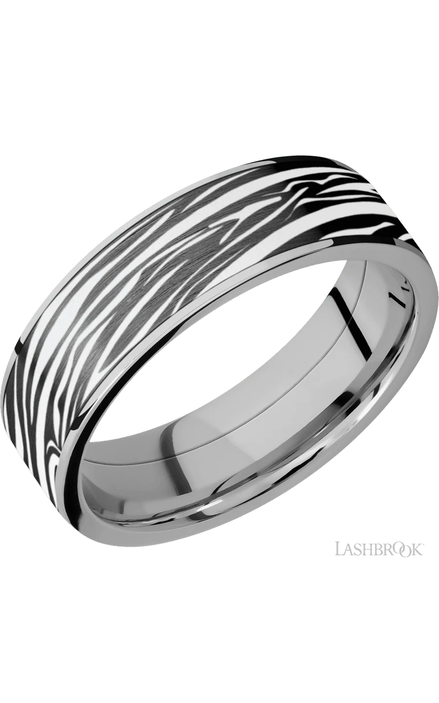 7 mm wide/Flat/Titanium band with one 6 mm Centered inlay of Zirconium with a laser carved Zebra pattern.