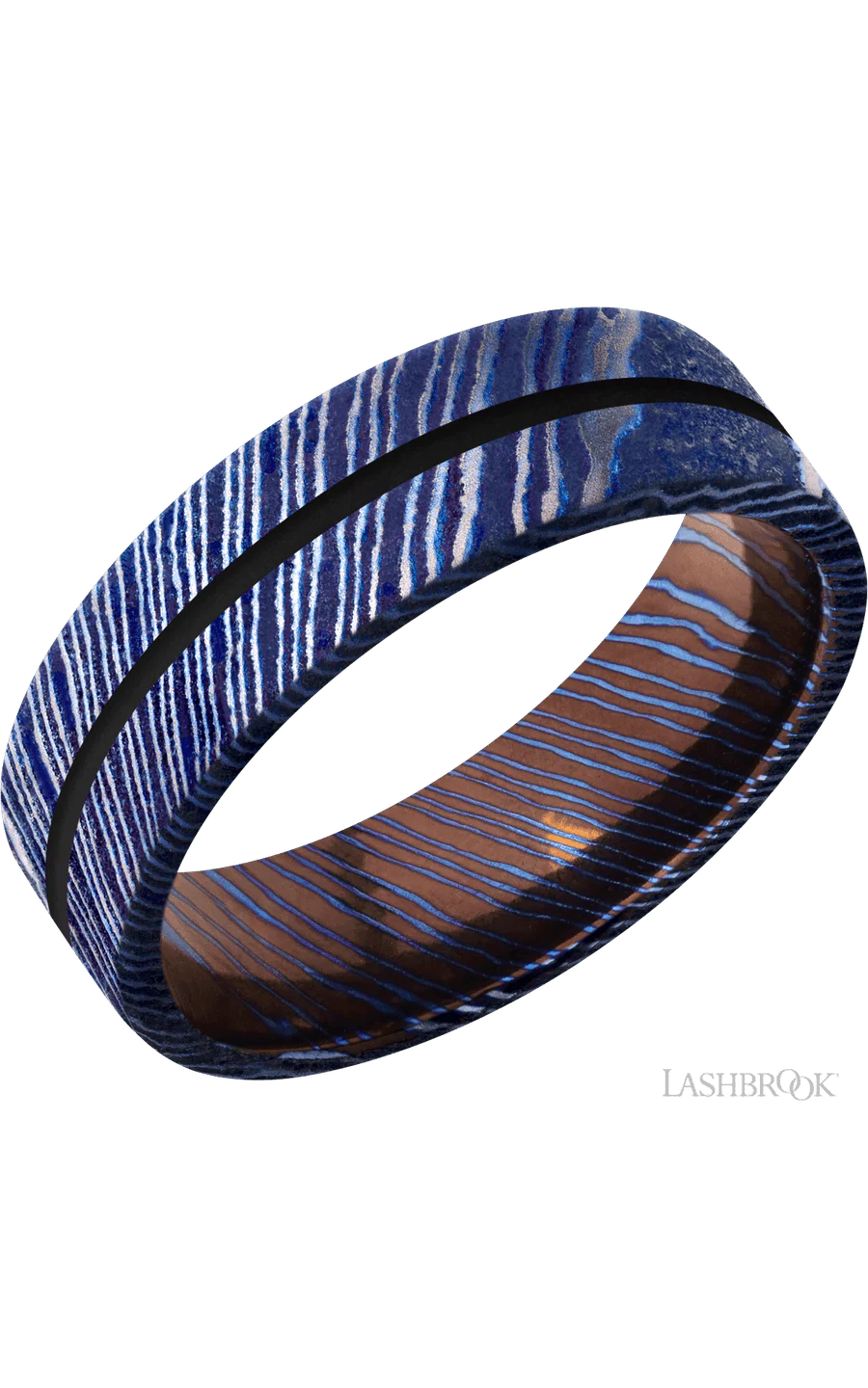 7 mm wide/Flat/Titanium Damascus band with one 1 mm Centered inlay of Black.