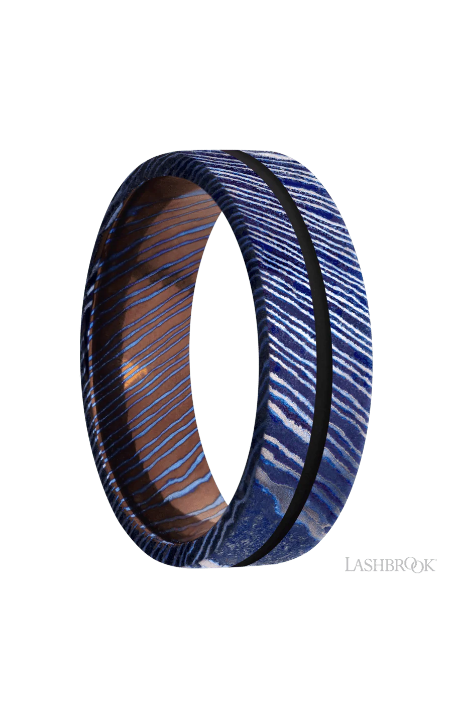 7 mm wide/Flat/Titanium Damascus band with one 1 mm Centered inlay of Black. - Image 2