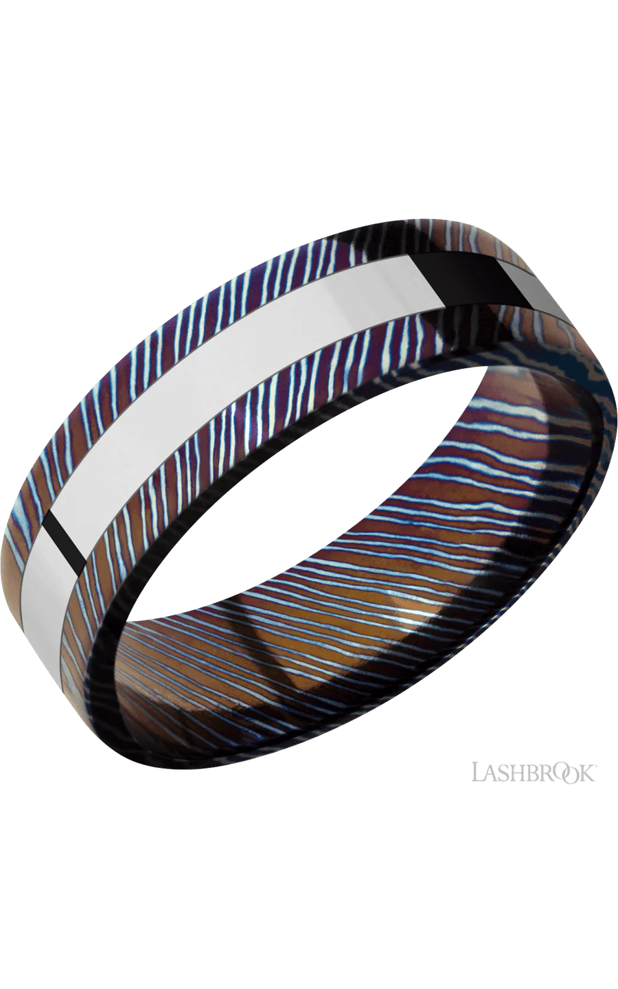 7 mm wide/Flat/Titanium Damascus band with one 3 mm Centered inlay of Cobalt Chrome.