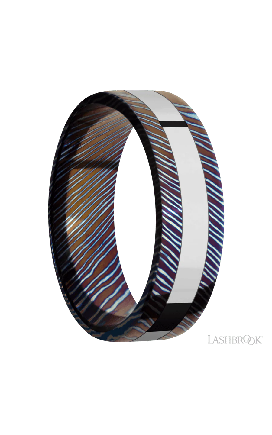 7 mm wide/Flat/Titanium Damascus band with one 3 mm Centered inlay of Cobalt Chrome. - Image 2