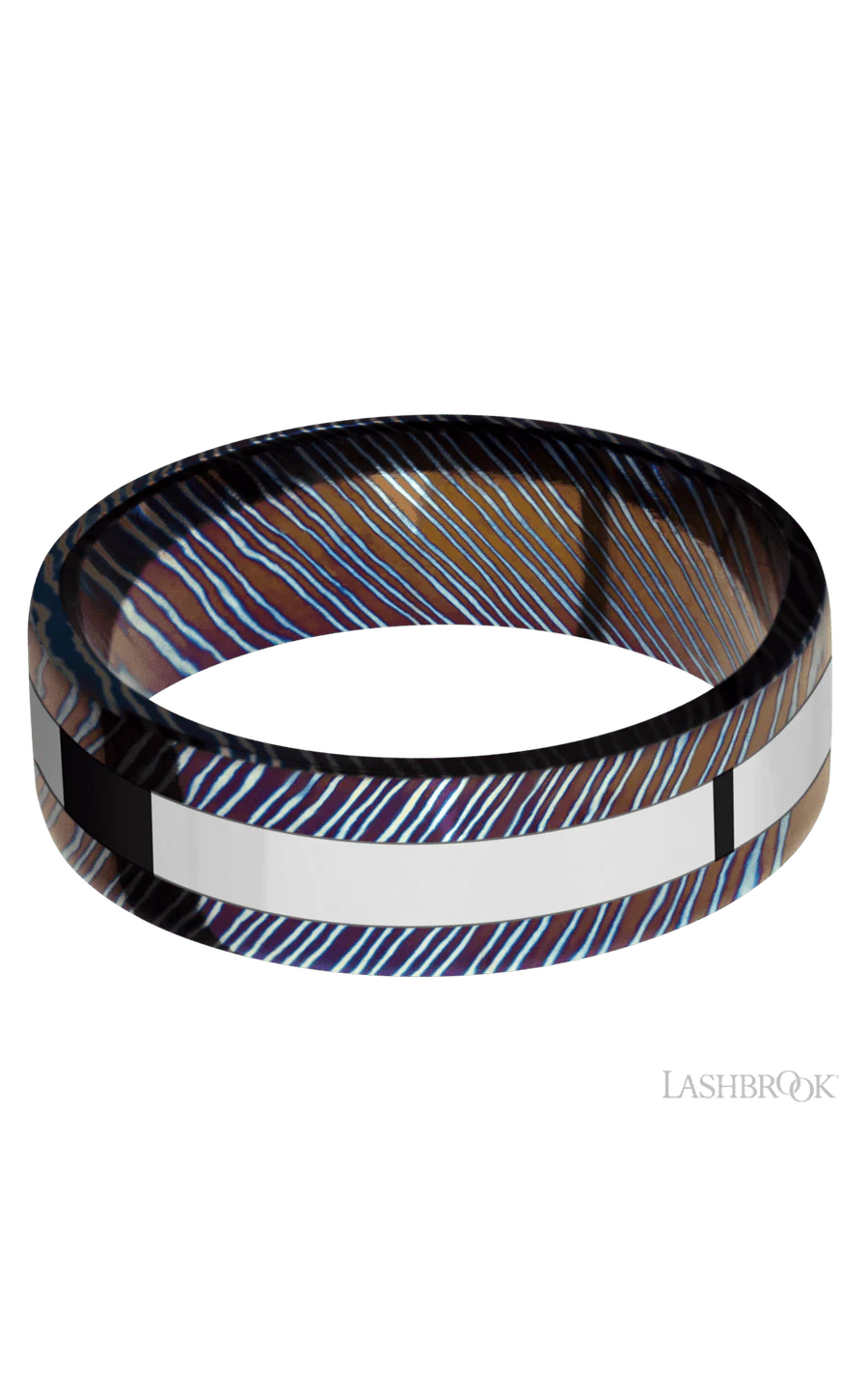 7 mm wide/Flat/Titanium Damascus band with one 3 mm Centered inlay of Cobalt Chrome. - Image 3