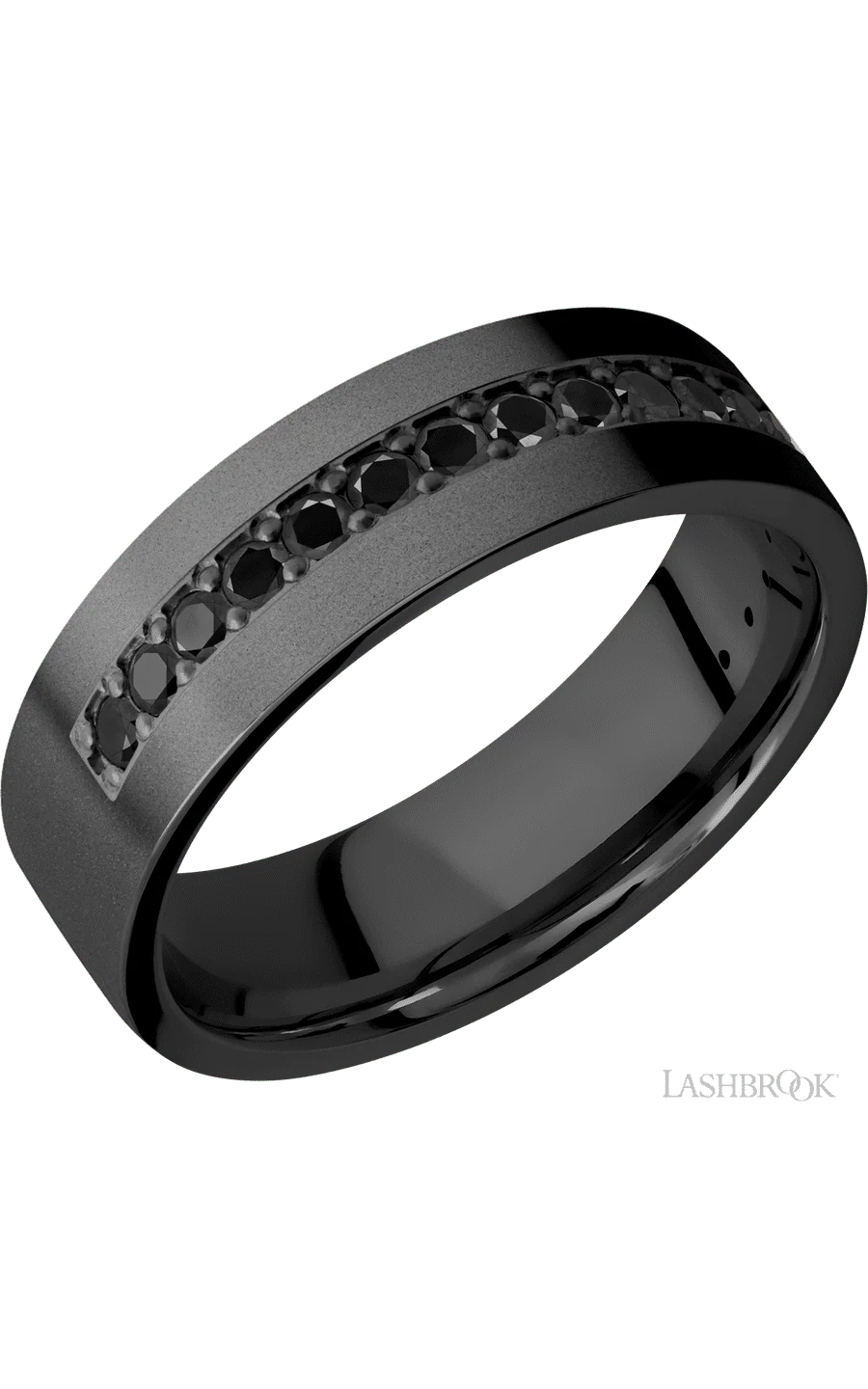 7 mm wide/Flat/Zirconium band with a Half Eternity arrangement of .03 carat Round Black Diamond stones in a Bead setting.