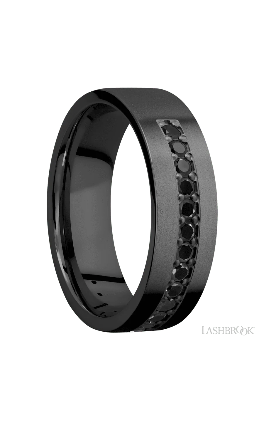 7 mm wide/Flat/Zirconium band with a Half Eternity arrangement of .03 carat Round Black Diamond stones in a Bead setting. - Image 2