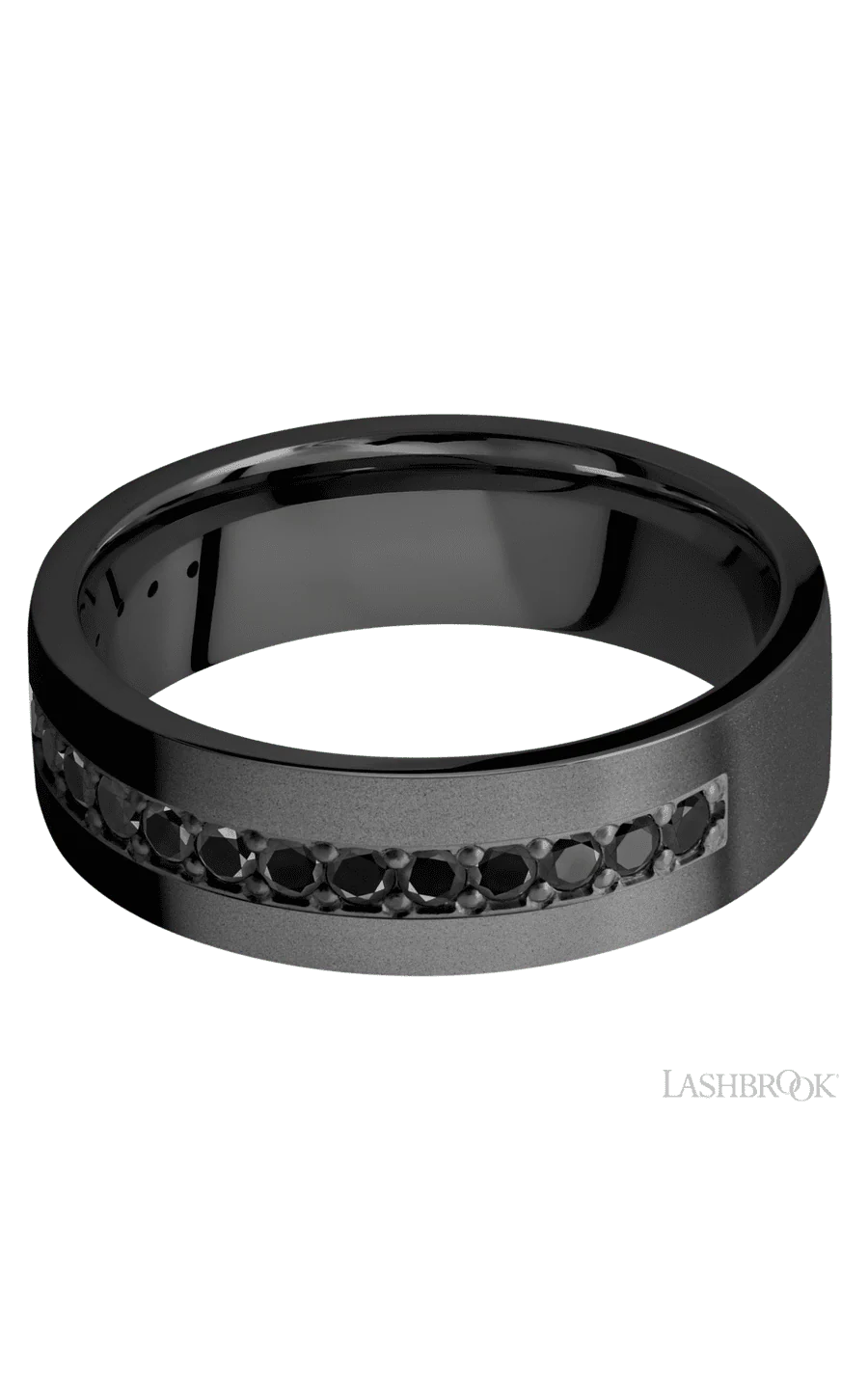 7 mm wide/Flat/Zirconium band with a Half Eternity arrangement of .03 carat Round Black Diamond stones in a Bead setting. - Image 3