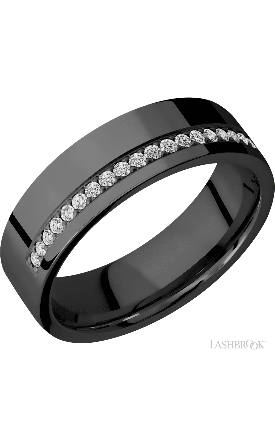 7 mm wide/Flat/Zirconium band with a Off Center Half Eternity arrangement of .015 carat Round Diamond stones in a Bead setting.
