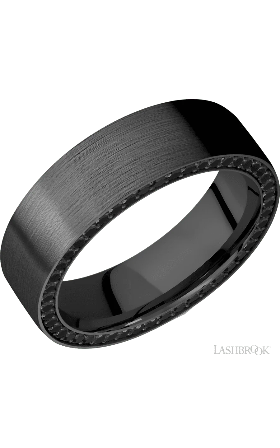 7 mm wide/Flat/Zirconium band with a Side Eternity arrangement of .01 carat Round Black Diamond stones in a Bead setting.