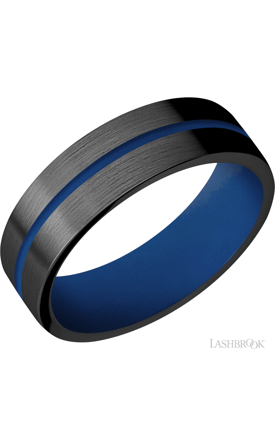 7 mm wide/Flat/Zirconium band with one 1 mm Centered inlay of Royal Blue also featuring a Royal Blue sleeve.