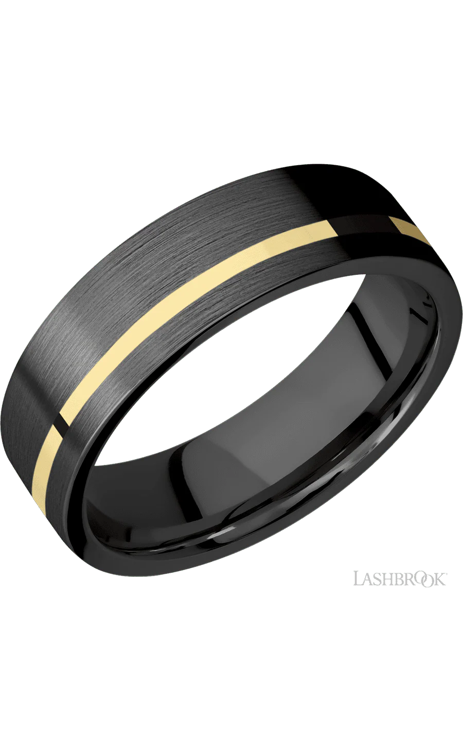 7 mm wide/Flat/Zirconium band with one 1 mm Off Center inlay of 14K Yellow Gold.