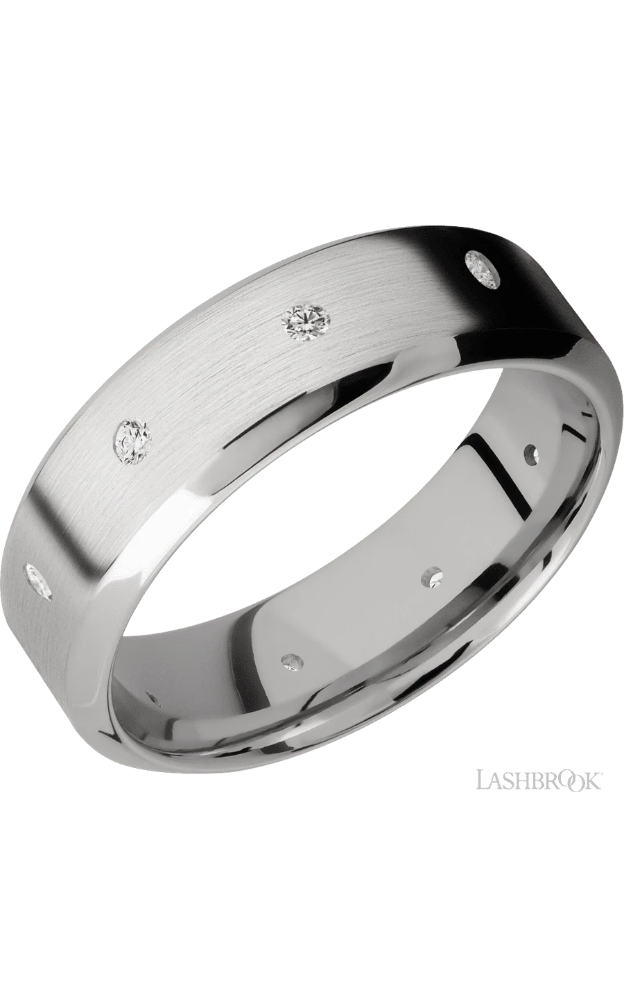 7 mm wide/High Bevel/14K White Gold band with a 9X Even arrangement of .03 carat Round Diamond stones in a Flush setting.