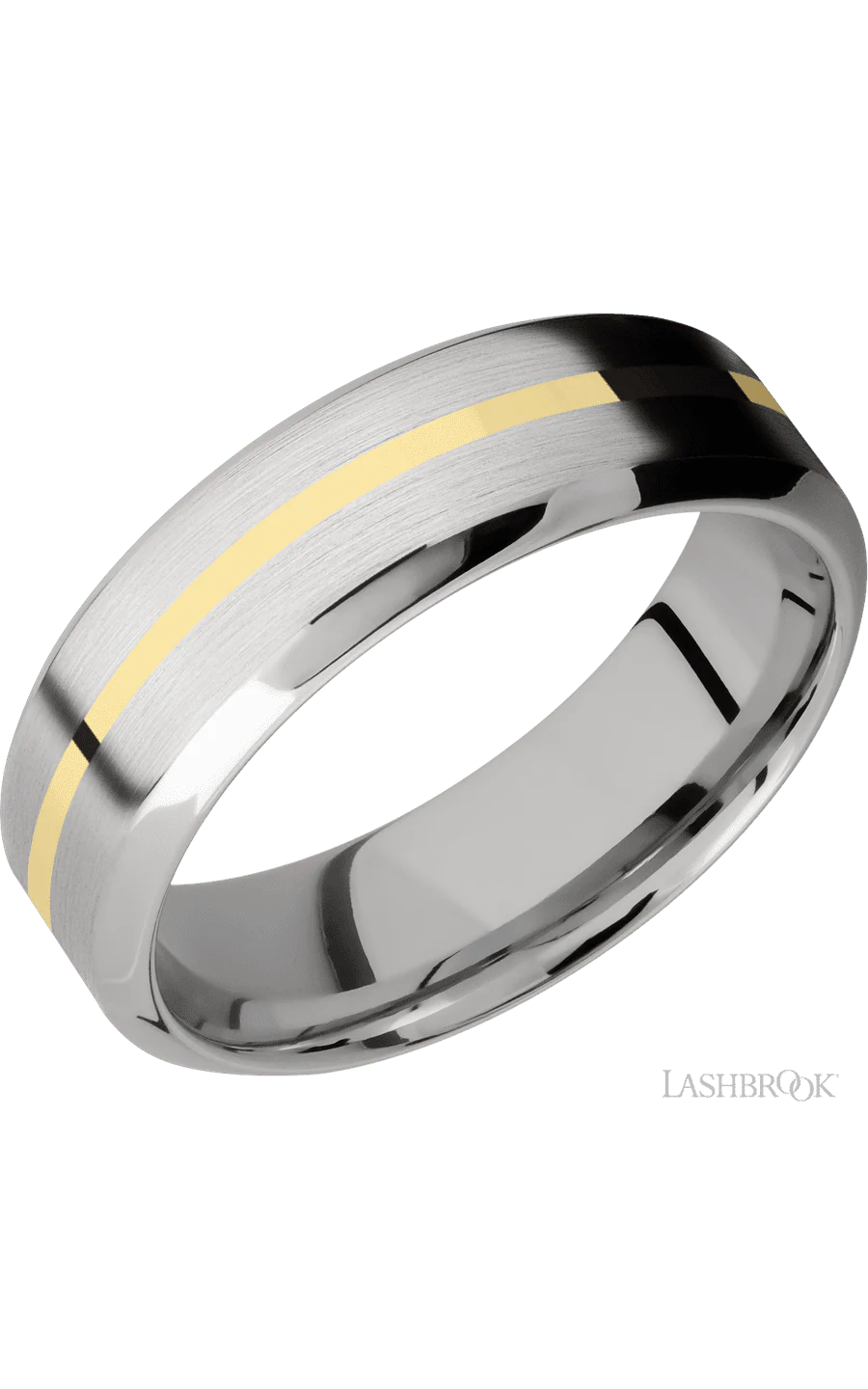 7 mm wide/High Bevel/14K White Gold band with one 1 mm Centered inlay of 14K Yellow Gold.