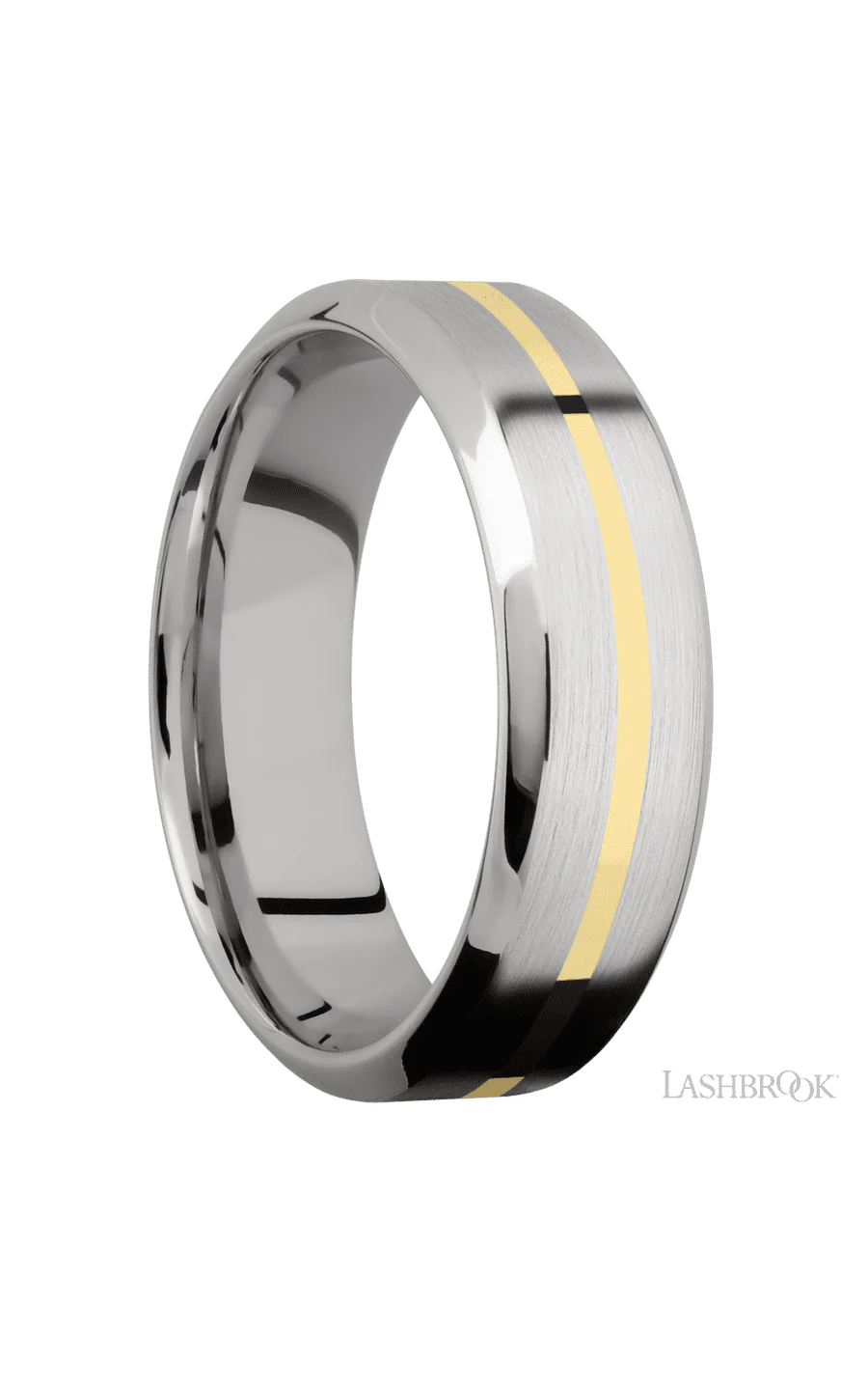 7 mm wide/High Bevel/14K White Gold band with one 1 mm Centered inlay of 14K Yellow Gold. - Image 2