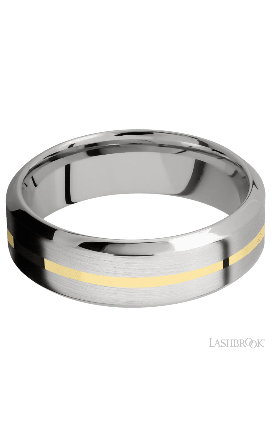 7 mm wide/High Bevel/14K White Gold band with one 1 mm Centered inlay of 14K Yellow Gold. - Image 3