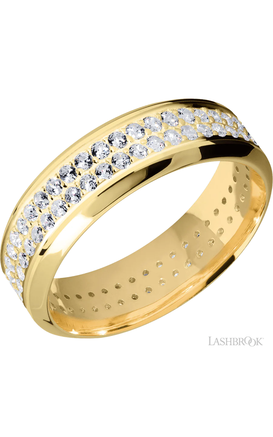 7 mm wide/High Bevel/14K Yellow Gold band with a 2 Row Eternity arrangement of .015 carat Round Diamond stones in a Bead Channel setting.