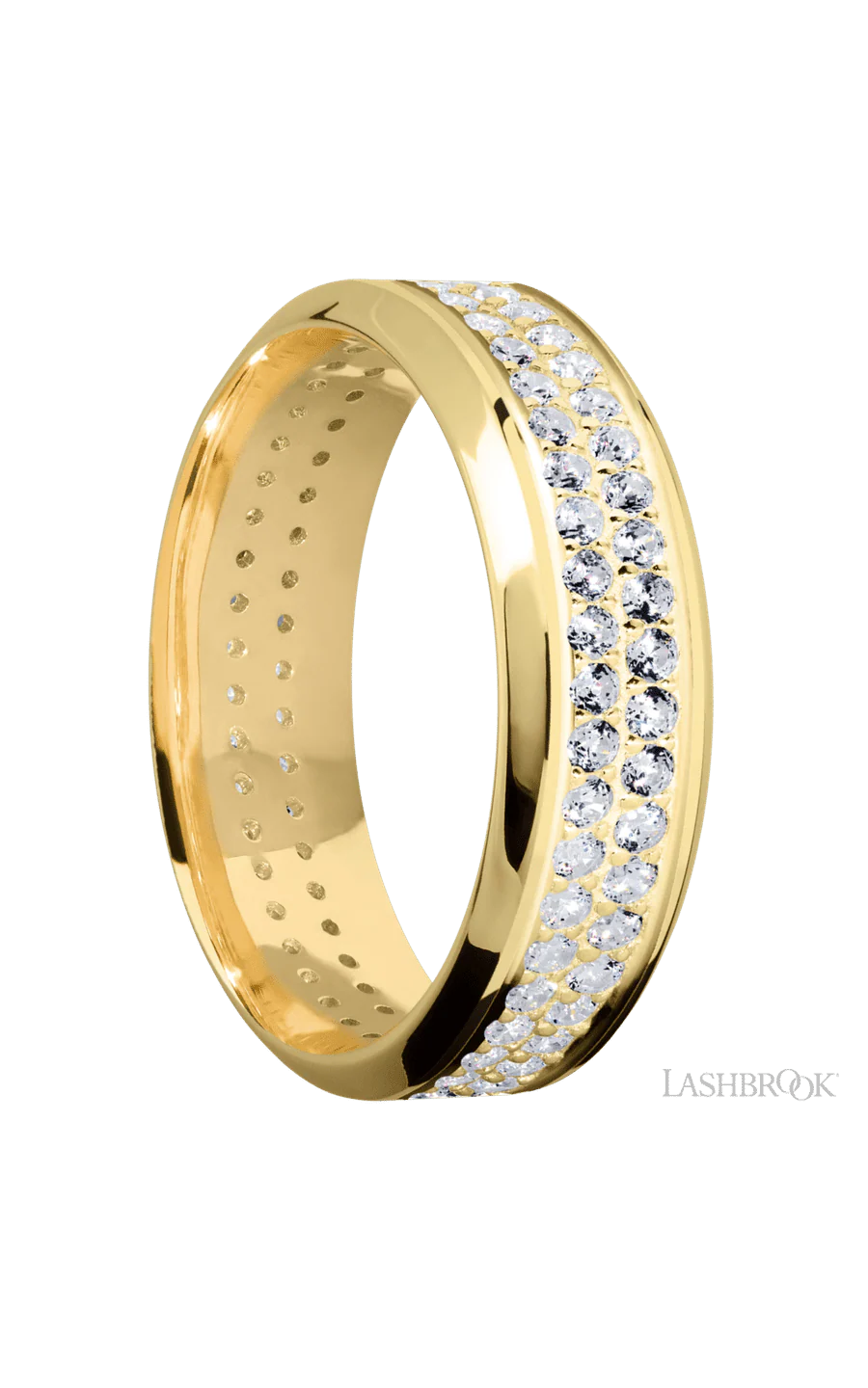 7 mm wide/High Bevel/14K Yellow Gold band with a 2 Row Eternity arrangement of .015 carat Round Diamond stones in a Bead Channel setting. - Image 2