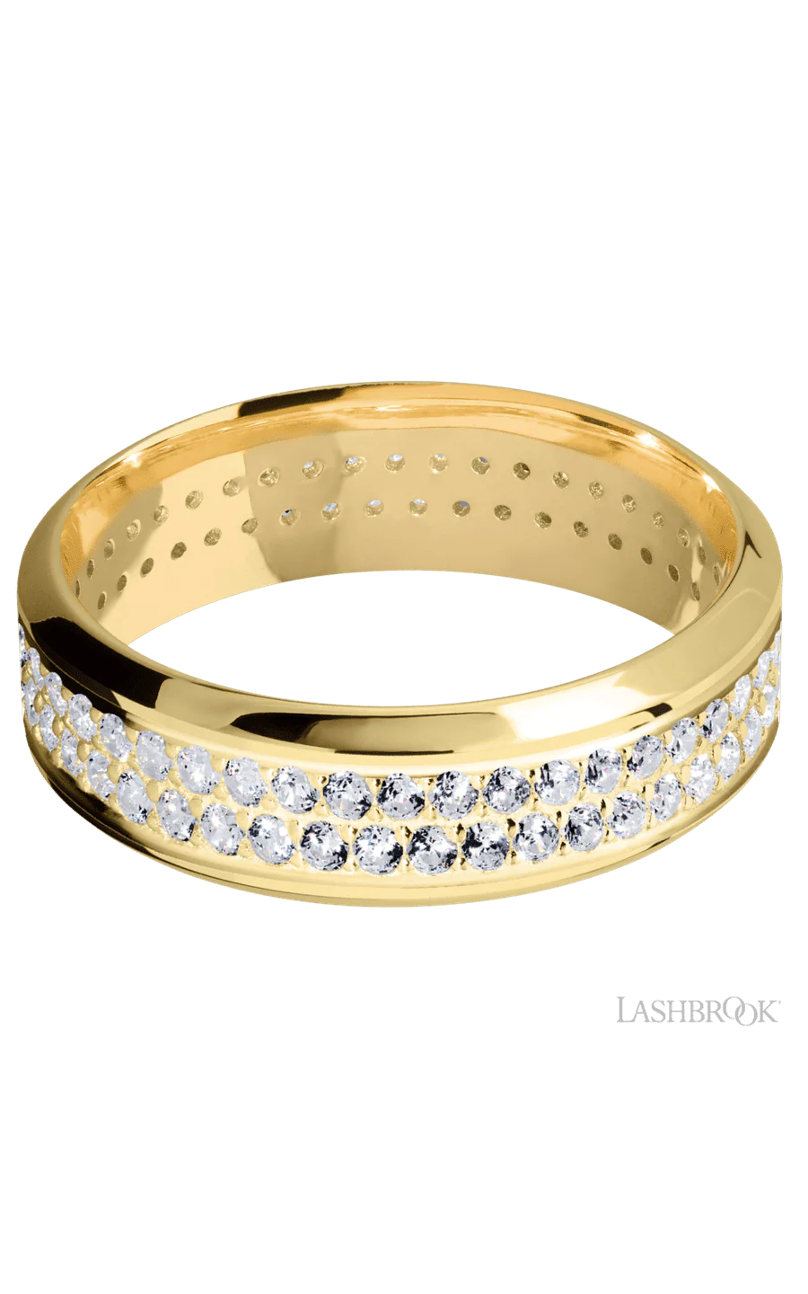 7 mm wide/High Bevel/14K Yellow Gold band with a 2 Row Eternity arrangement of .015 carat Round Diamond stones in a Bead Channel setting. - Image 3