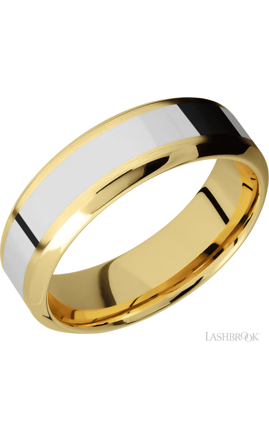 7 mm wide/High Bevel/14K Yellow Gold band with one 3 mm Centered inlay of 14K White Gold.