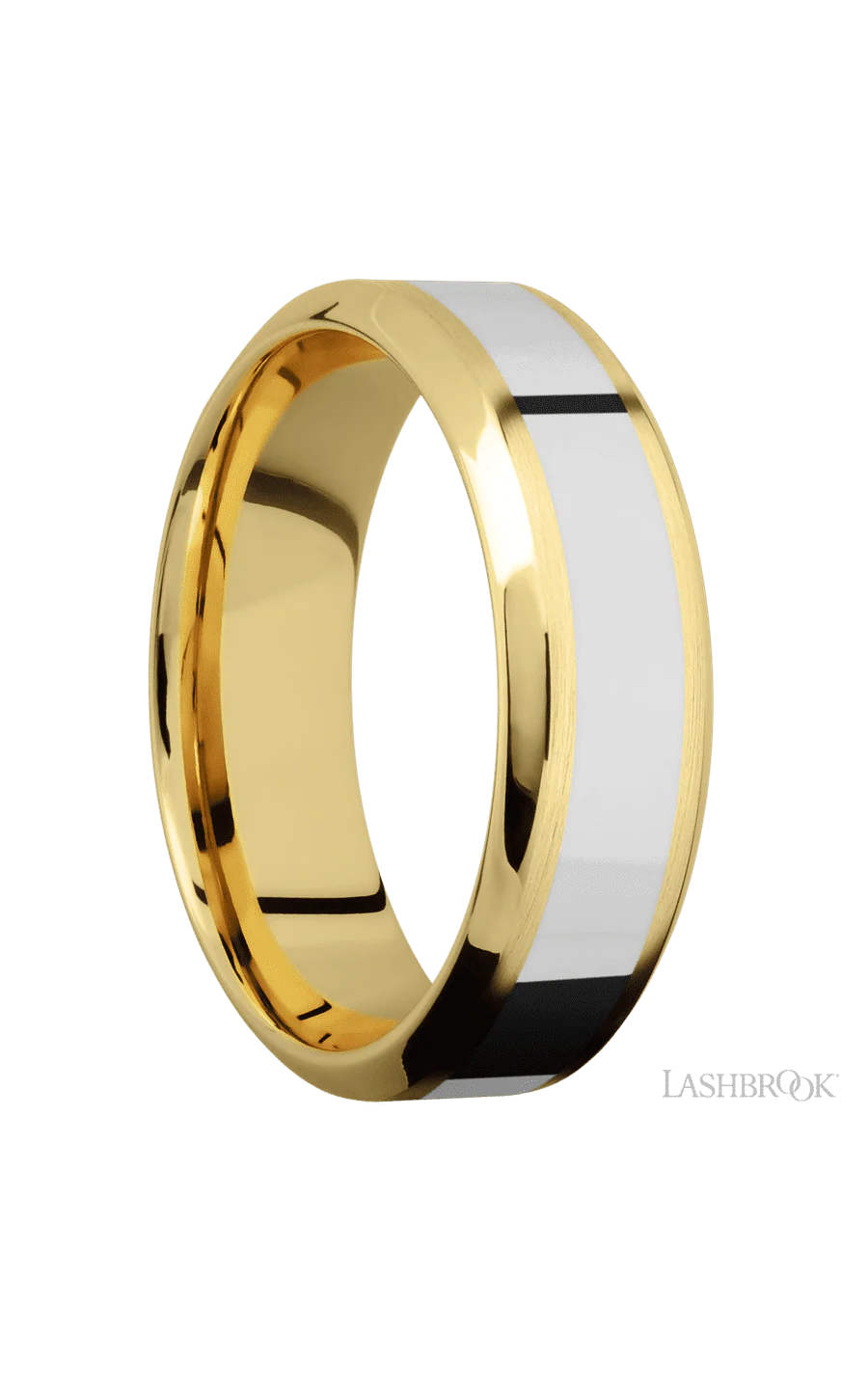 7 mm wide/High Bevel/14K Yellow Gold band with one 3 mm Centered inlay of 14K White Gold. - Image 2