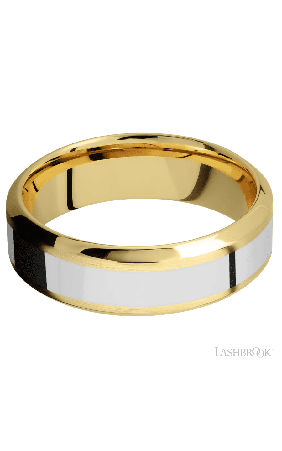 7 mm wide/High Bevel/14K Yellow Gold band with one 3 mm Centered inlay of 14K White Gold. - Image 3