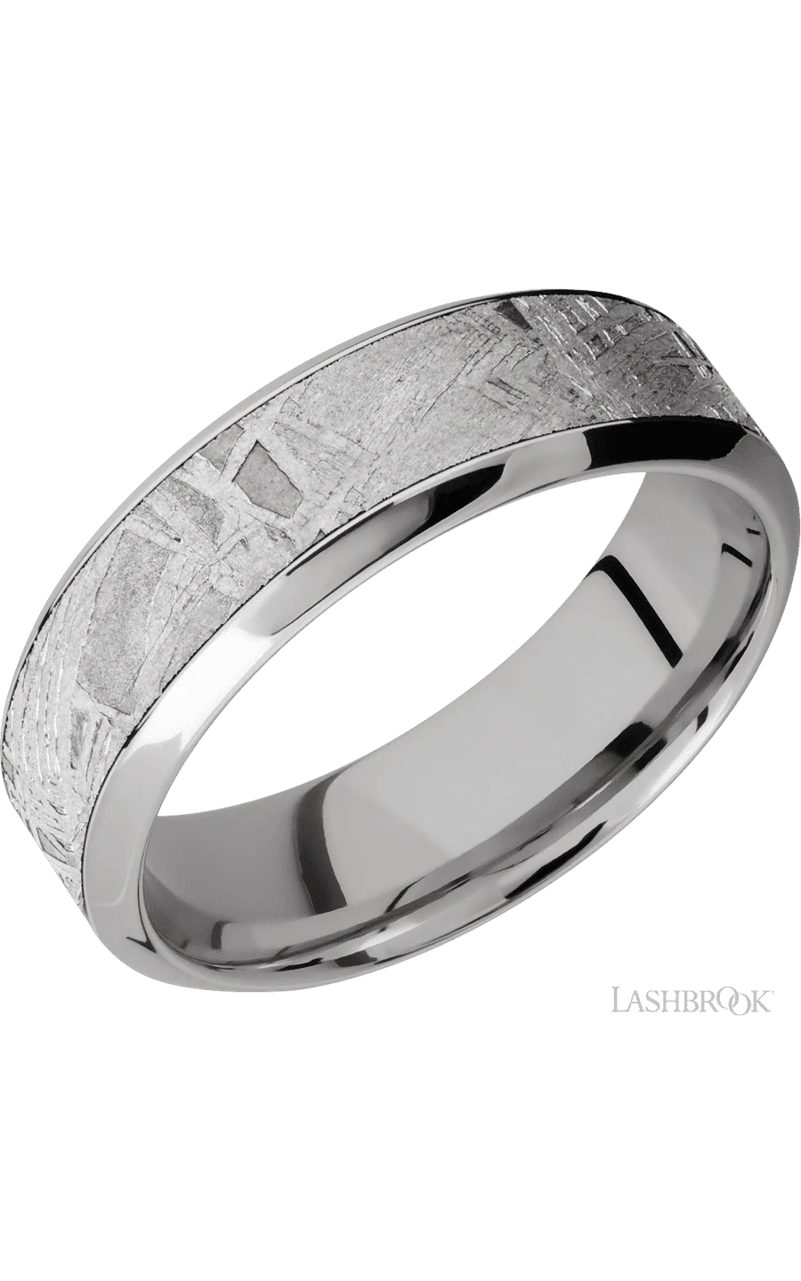 7 mm wide/High Bevel/18K White Gold band with one 4 mm Centered inlay of Meteorite.