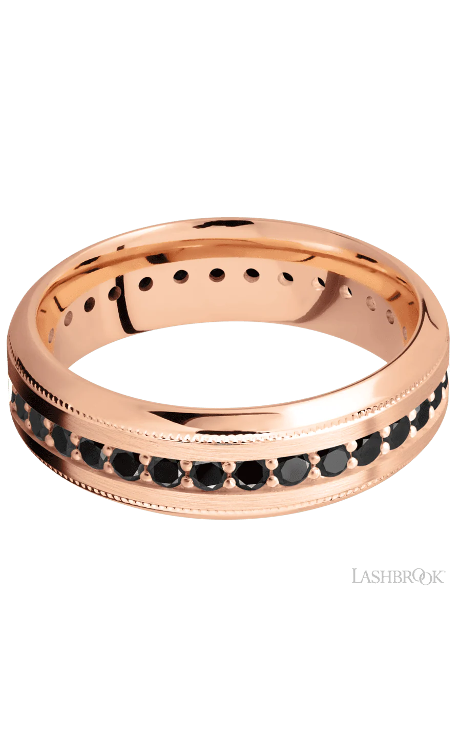 7 mm wide/High Bevel Milgrain/14K Rose Gold band with an Eternity arrangement of .03 carat Round Black Diamond stones in a Bead Channel setting. - Image 3