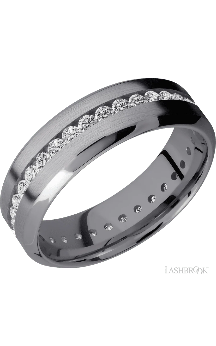 7 mm wide/High Bevel/Tantalum band with an Eternity arrangement of .03 carat Round Lab Grown Diamond stones in a Channel setting.